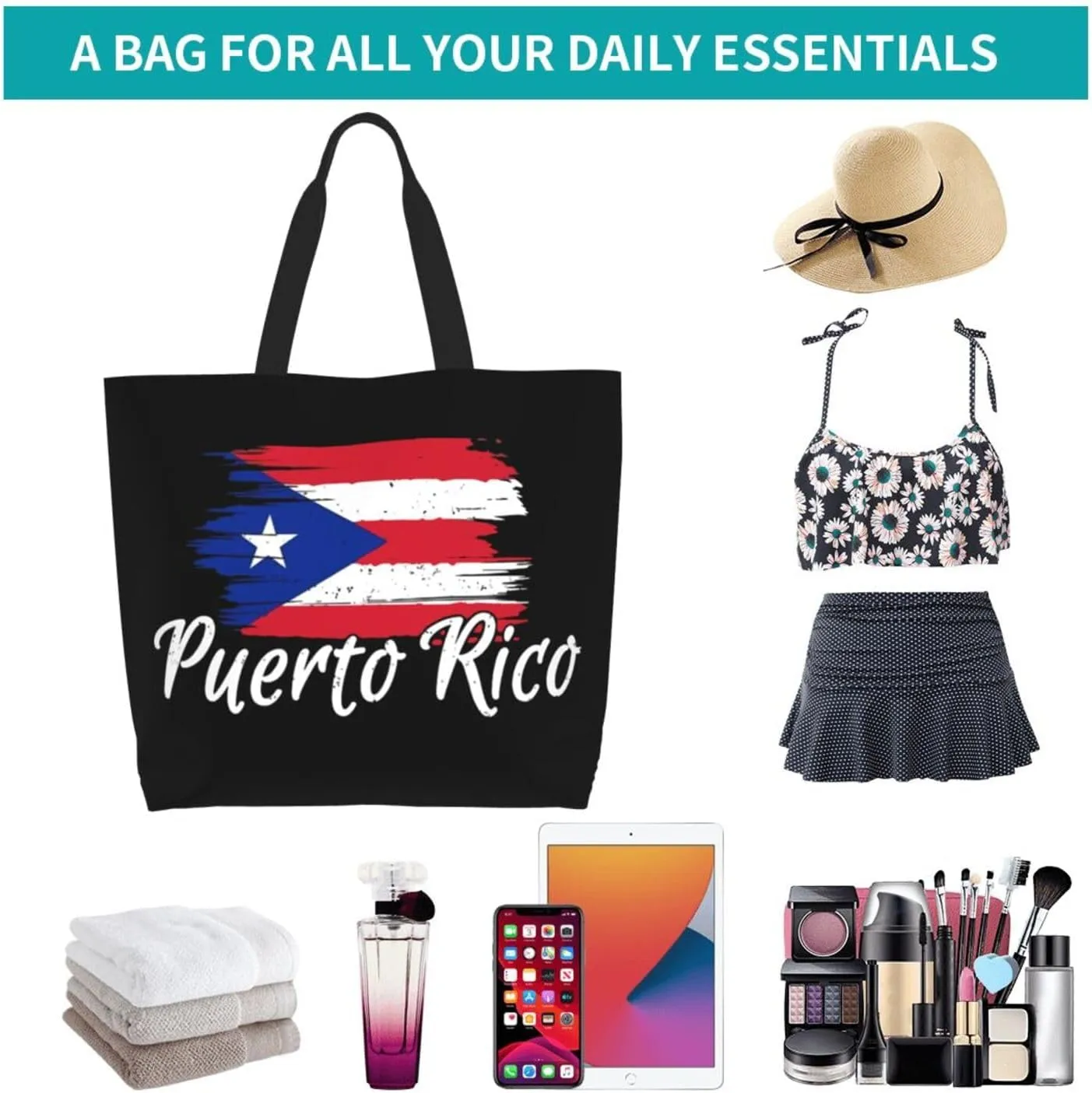 Puerto Rico Canvas Tote Bag Puerto Rico Flag Shoulder Bag Puerto Rican Casual Grocery Bags Outdoor