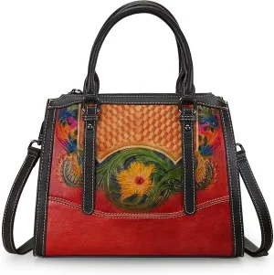 Purse and Handbag for Women Leather Shoulder Bag Tote Handle Bag Medium Satchel Embossing Floral Pattern Crossbody Bag