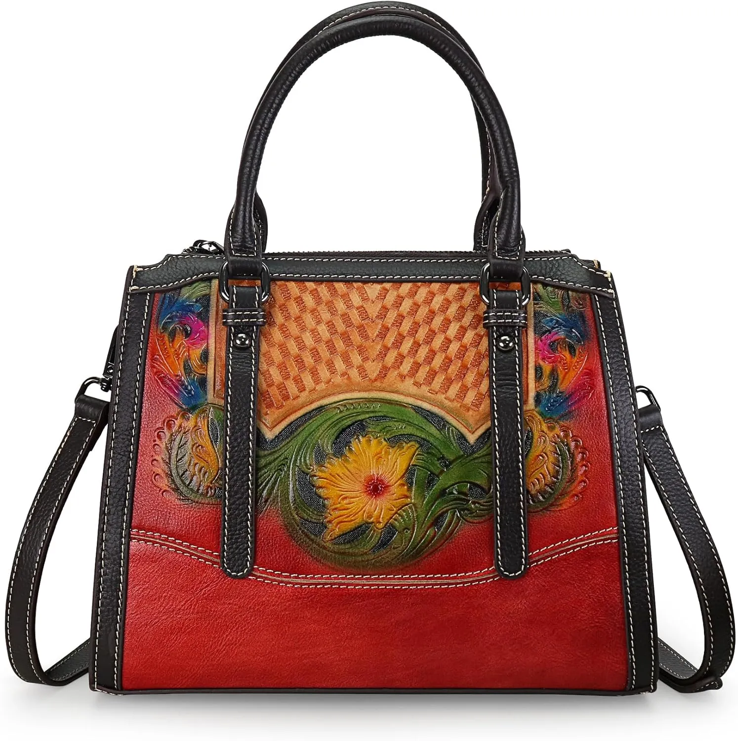 Purse and Handbag for Women Leather Shoulder Bag Tote Handle Bag Medium Satchel Embossing Floral Pattern Crossbody Bag