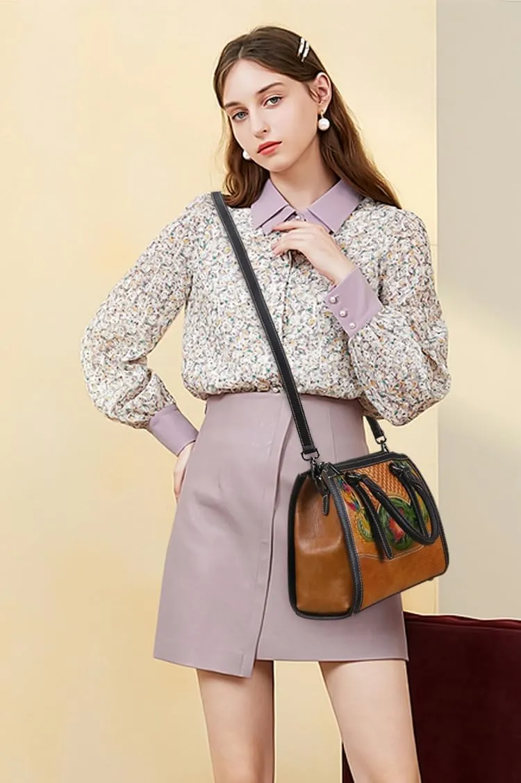 Purse and Handbag for Women Leather Shoulder Bag Tote Handle Bag Medium Satchel Embossing Floral Pattern Crossbody Bag