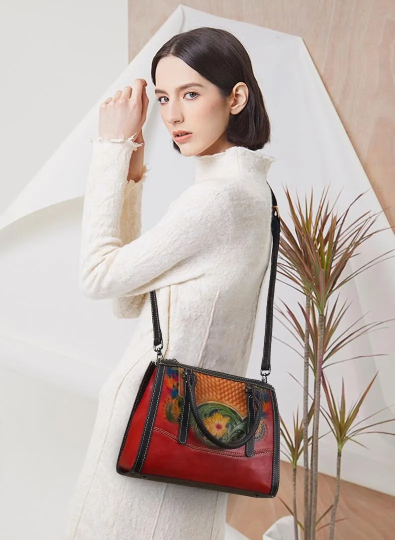 Purse and Handbag for Women Leather Shoulder Bag Tote Handle Bag Medium Satchel Embossing Floral Pattern Crossbody Bag