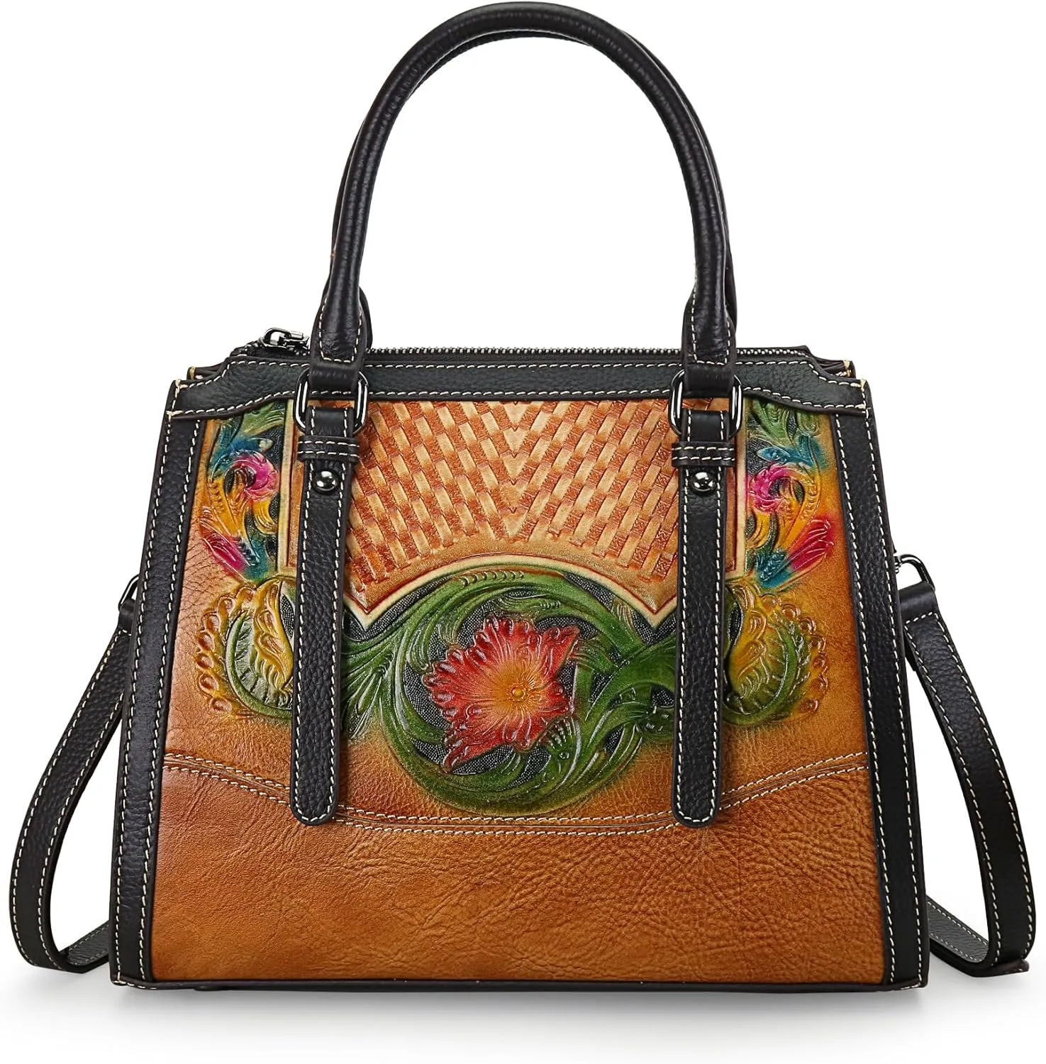 Purse and Handbag for Women Leather Shoulder Bag Tote Handle Bag Medium Satchel Embossing Floral Pattern Crossbody Bag