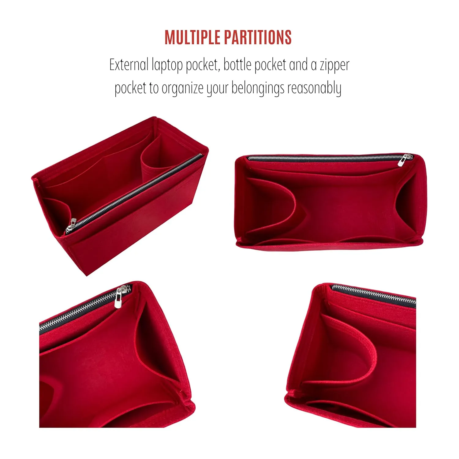 Purse Organizer for Neverfull BB with zipper, Lv Neverfull BB Bag Organizer, Neverfull BB Insert Handmade Snug Sturdy Felt with Gold Zipper (For Neverfull BB, Red)