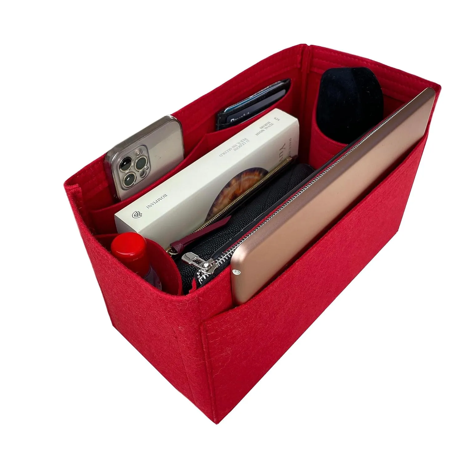 Purse Organizer for Neverfull BB with zipper, Lv Neverfull BB Bag Organizer, Neverfull BB Insert Handmade Snug Sturdy Felt with Gold Zipper (For Neverfull BB, Red)