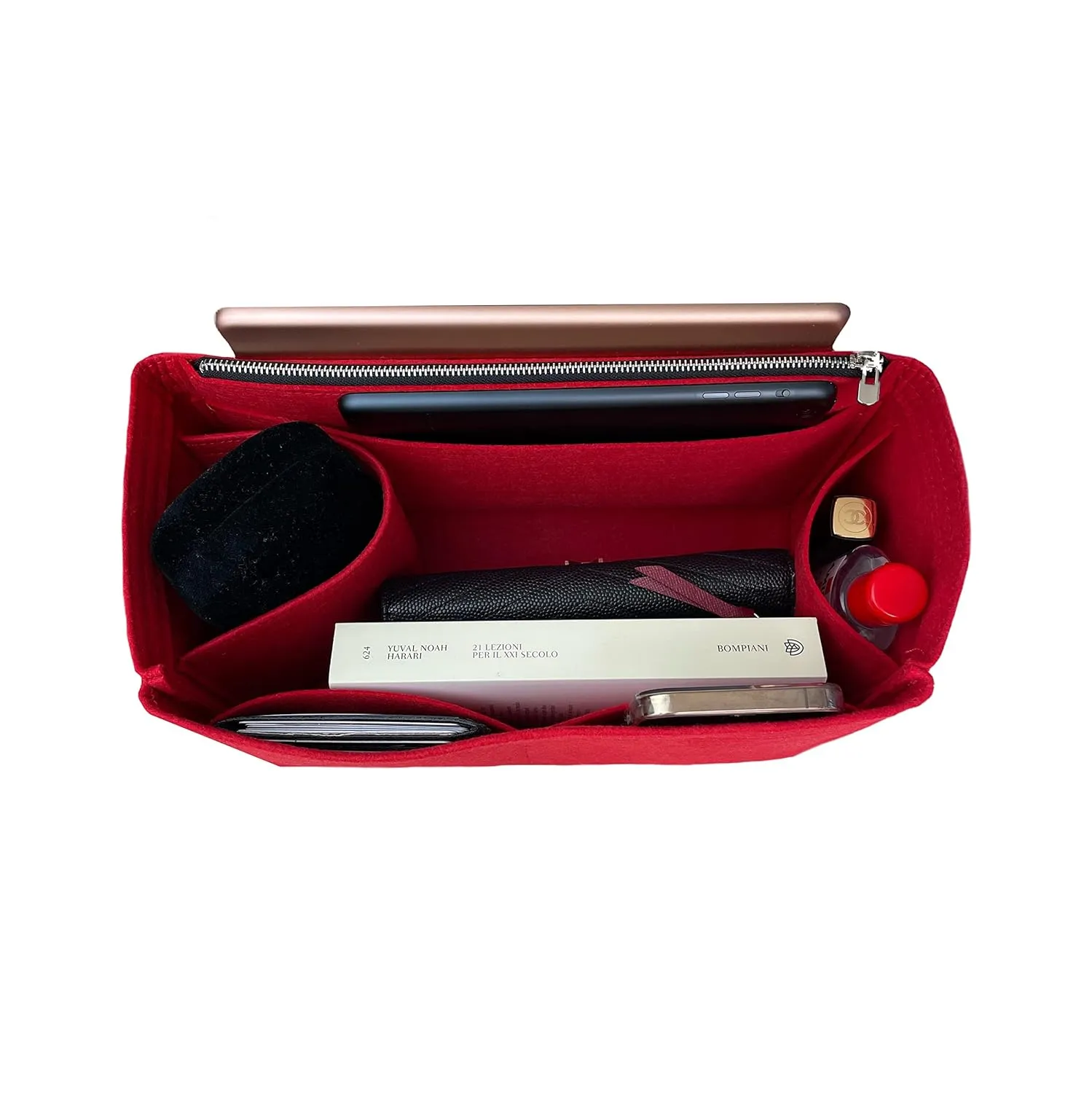 Purse Organizer for Neverfull BB with zipper, Lv Neverfull BB Bag Organizer, Neverfull BB Insert Handmade Snug Sturdy Felt with Gold Zipper (For Neverfull BB, Red)