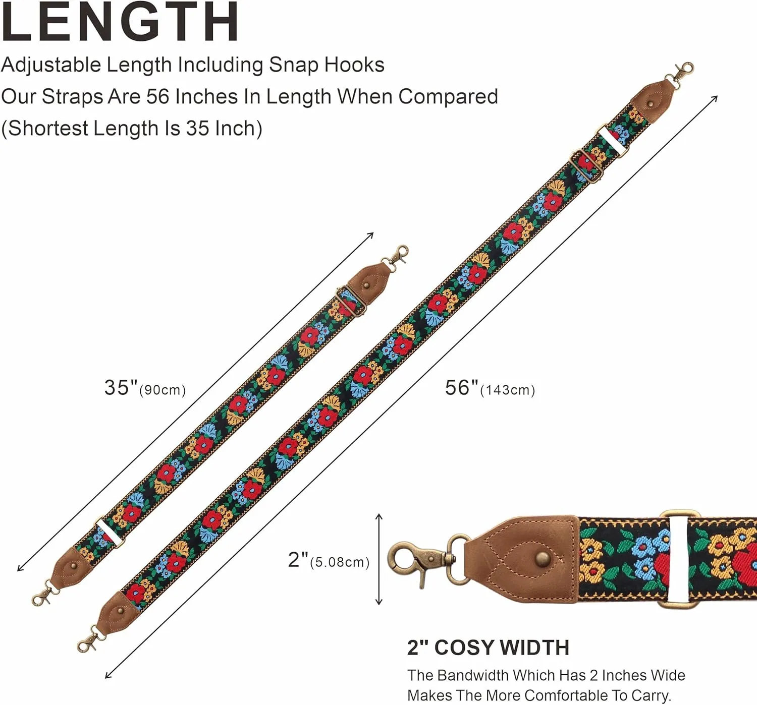 Purse Strap-2"Crazy Horse Leather Wide Shoulder Strap Adjustable Replacement,Jacquard Embroidery Bag Straps