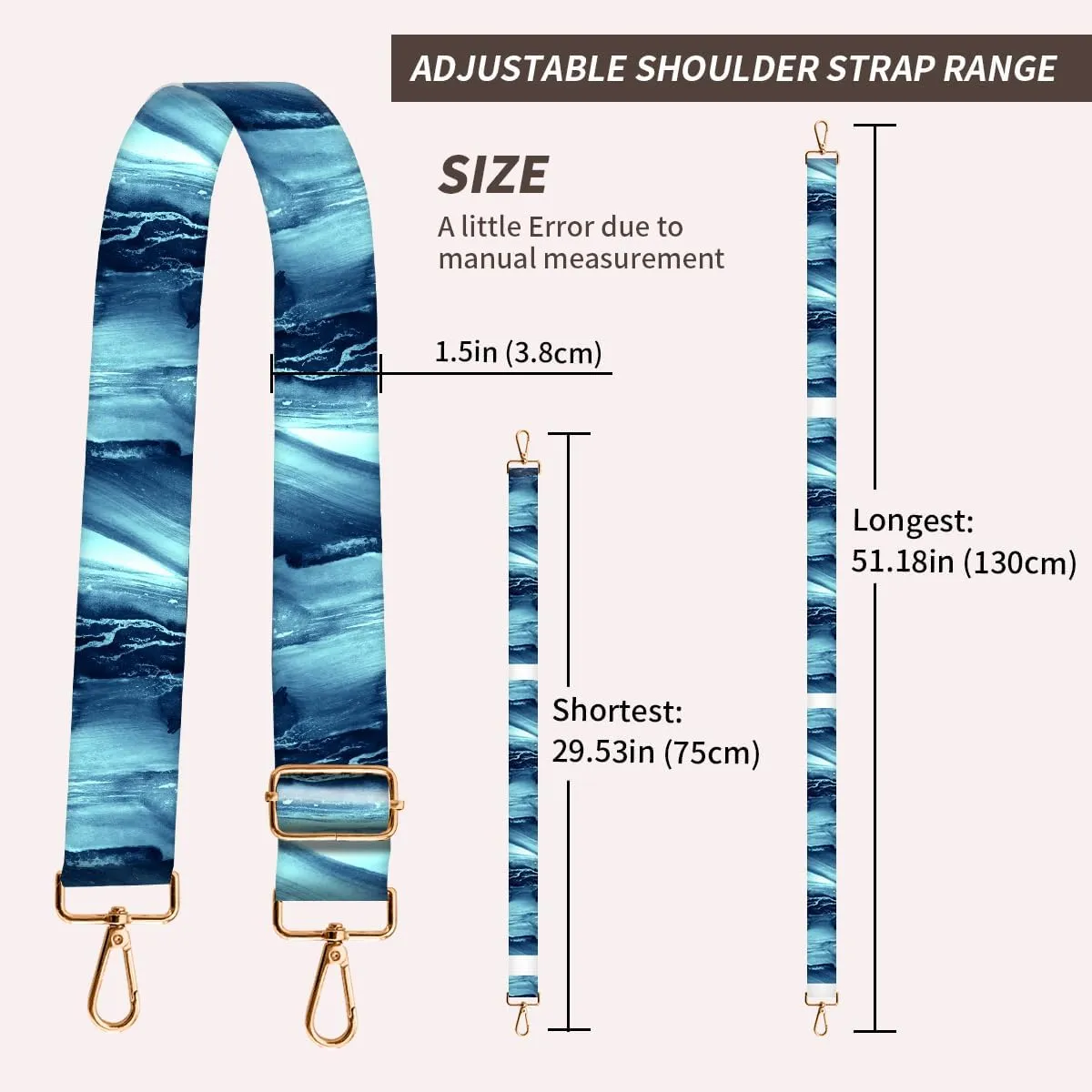 Purse Strap Replacement Crossbody, 3.8cm Wide Shoulder Strap Adjustable Replacement Belt Gold Buckle, Handbag Crossbody Bag Strap Blue Liquid Design
