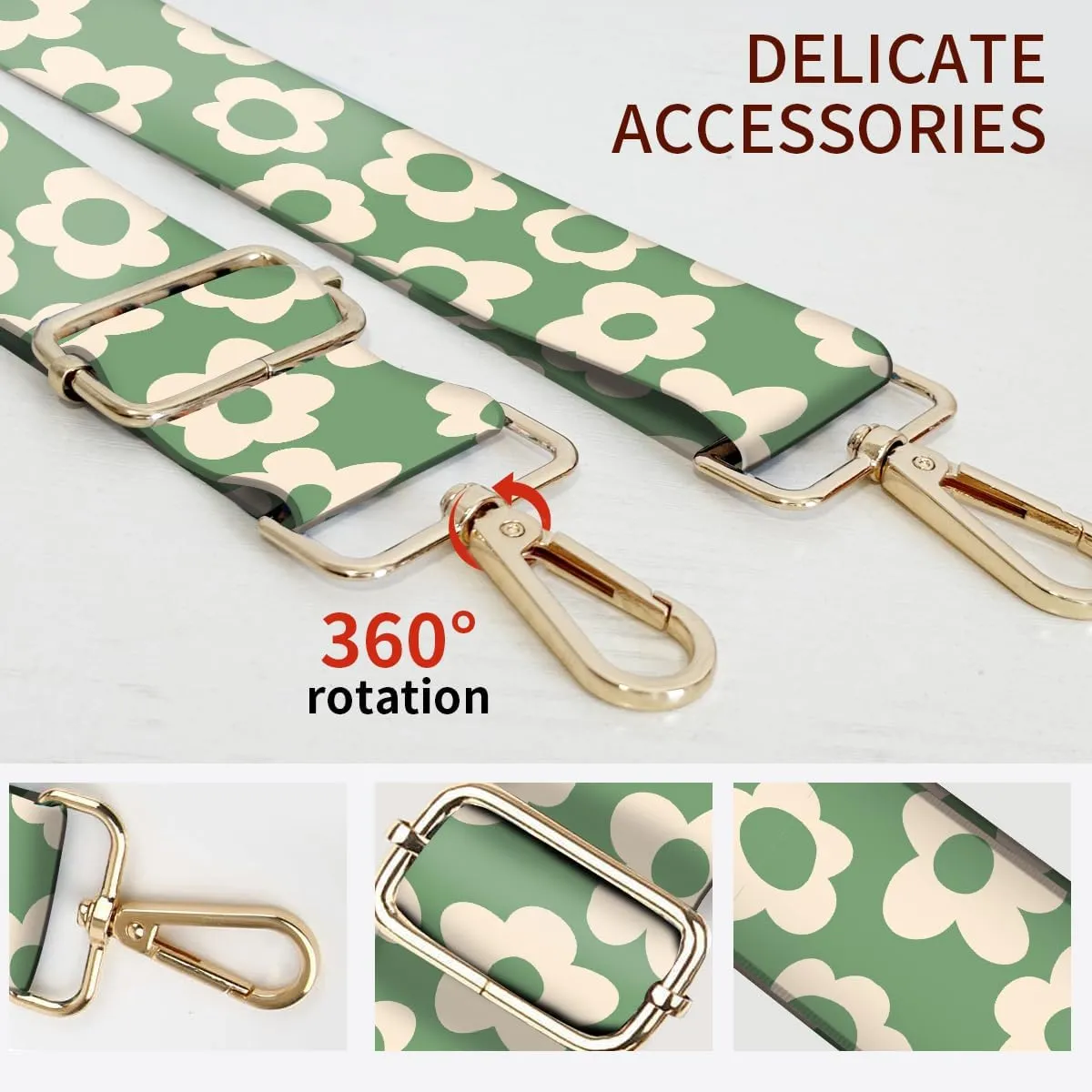 Purse Strap Replacement Crossbody, 3.8cm Wide Shoulder Strap Adjustable Replacement Belt Gold Buckle, Handbag Crossbody Bag Strap Grey Cute Flowers