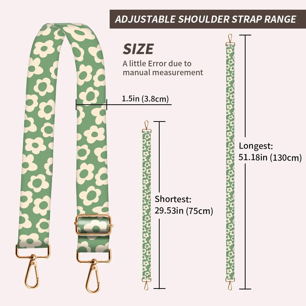 Purse Strap Replacement Crossbody, 3.8cm Wide Shoulder Strap Adjustable Replacement Belt Gold Buckle, Handbag Crossbody Bag Strap Grey Cute Flowers
