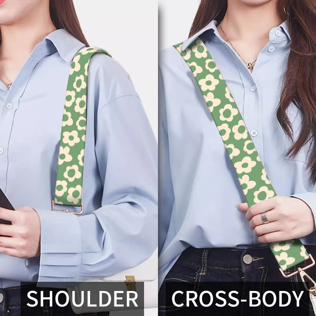 Purse Strap Replacement Crossbody, 3.8cm Wide Shoulder Strap Adjustable Replacement Belt Gold Buckle, Handbag Crossbody Bag Strap Grey Cute Flowers