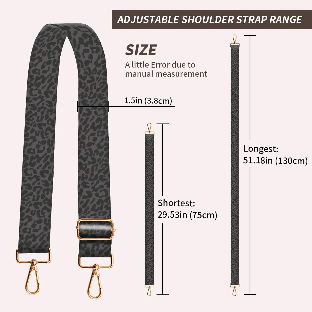 Purse Strap Replacement Crossbody, 3.8cm Wide Shoulder Strap Adjustable Replacement Belt Gold Buckle, Handbag Crossbody Bag Strap Luxury Black Leopard