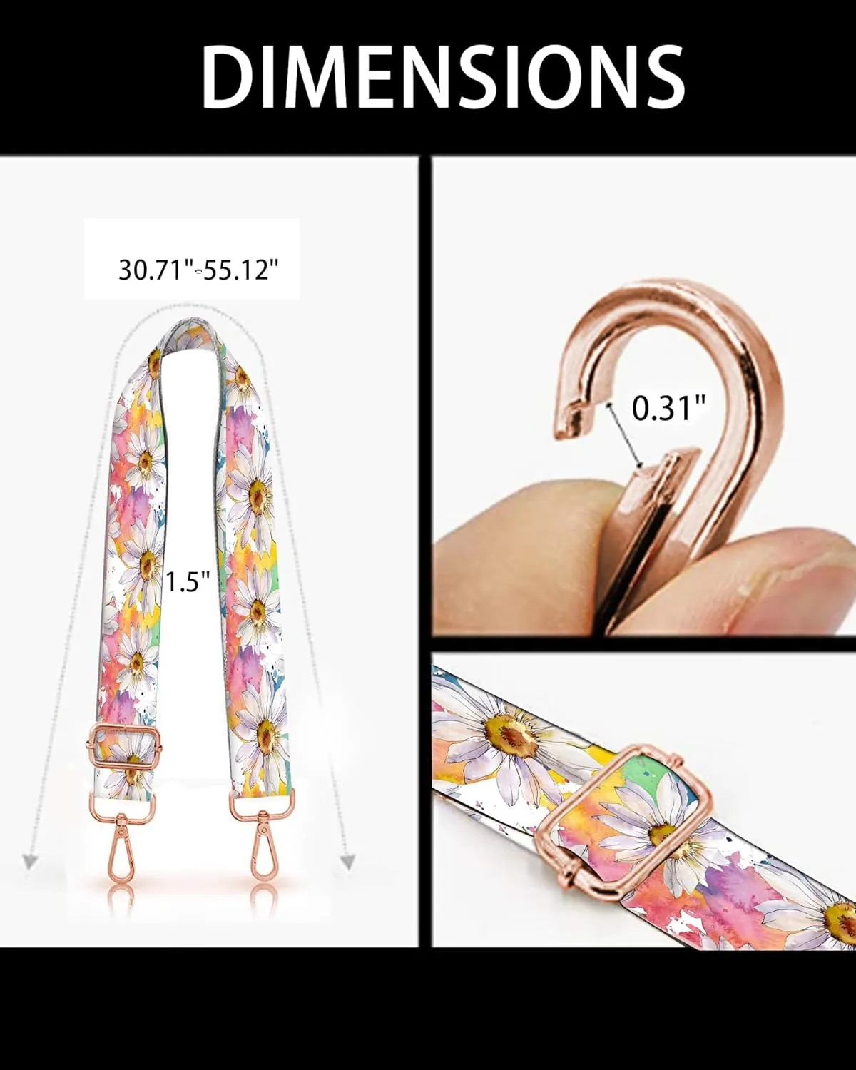 Purse Straps Rose Gold Buckles Wide Shoulder Strap,Fashion Adjustable Replacement Belt for Crossbody Canvas Bag Handbag(Colorful White Daisy Spring Flowers)