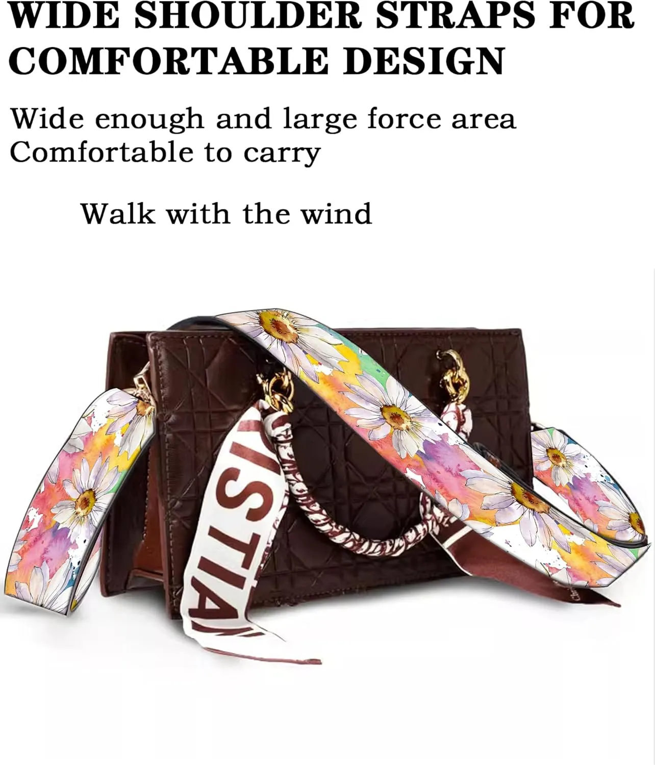 Purse Straps Rose Gold Buckles Wide Shoulder Strap,Fashion Adjustable Replacement Belt for Crossbody Canvas Bag Handbag(Colorful White Daisy Spring Flowers)