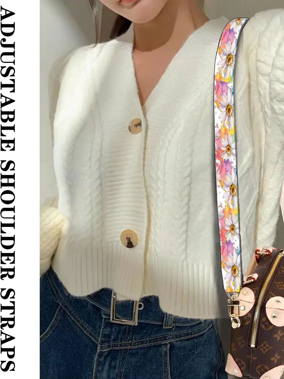 Purse Straps Rose Gold Buckles Wide Shoulder Strap,Fashion Adjustable Replacement Belt for Crossbody Canvas Bag Handbag(Colorful White Daisy Spring Flowers)
