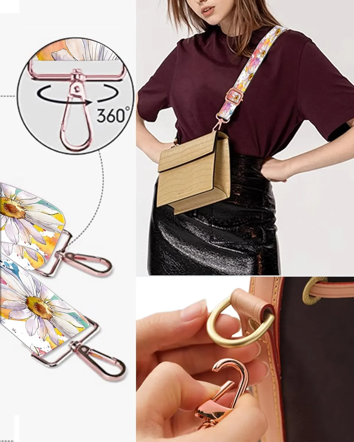 Purse Straps Rose Gold Buckles Wide Shoulder Strap,Fashion Adjustable Replacement Belt for Crossbody Canvas Bag Handbag(Colorful White Daisy Spring Flowers)