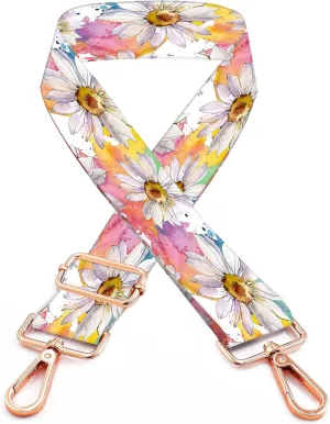 Purse Straps Rose Gold Buckles Wide Shoulder Strap,Fashion Adjustable Replacement Belt for Crossbody Canvas Bag Handbag(Colorful White Daisy Spring Flowers)