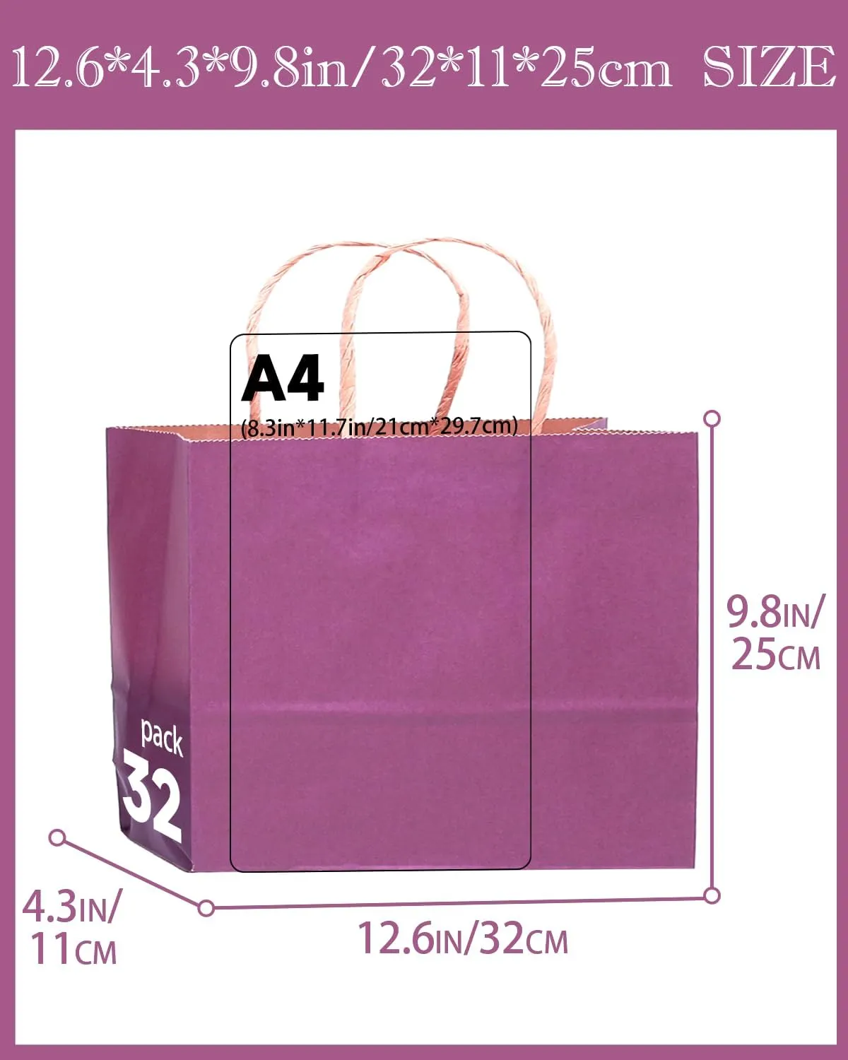 qiqee 13"x4.5"x10" Large Gift Bag with Handles Bulk 32PCS Gift Paper Bags Purple Bags Multiple Uses (Wide Large)