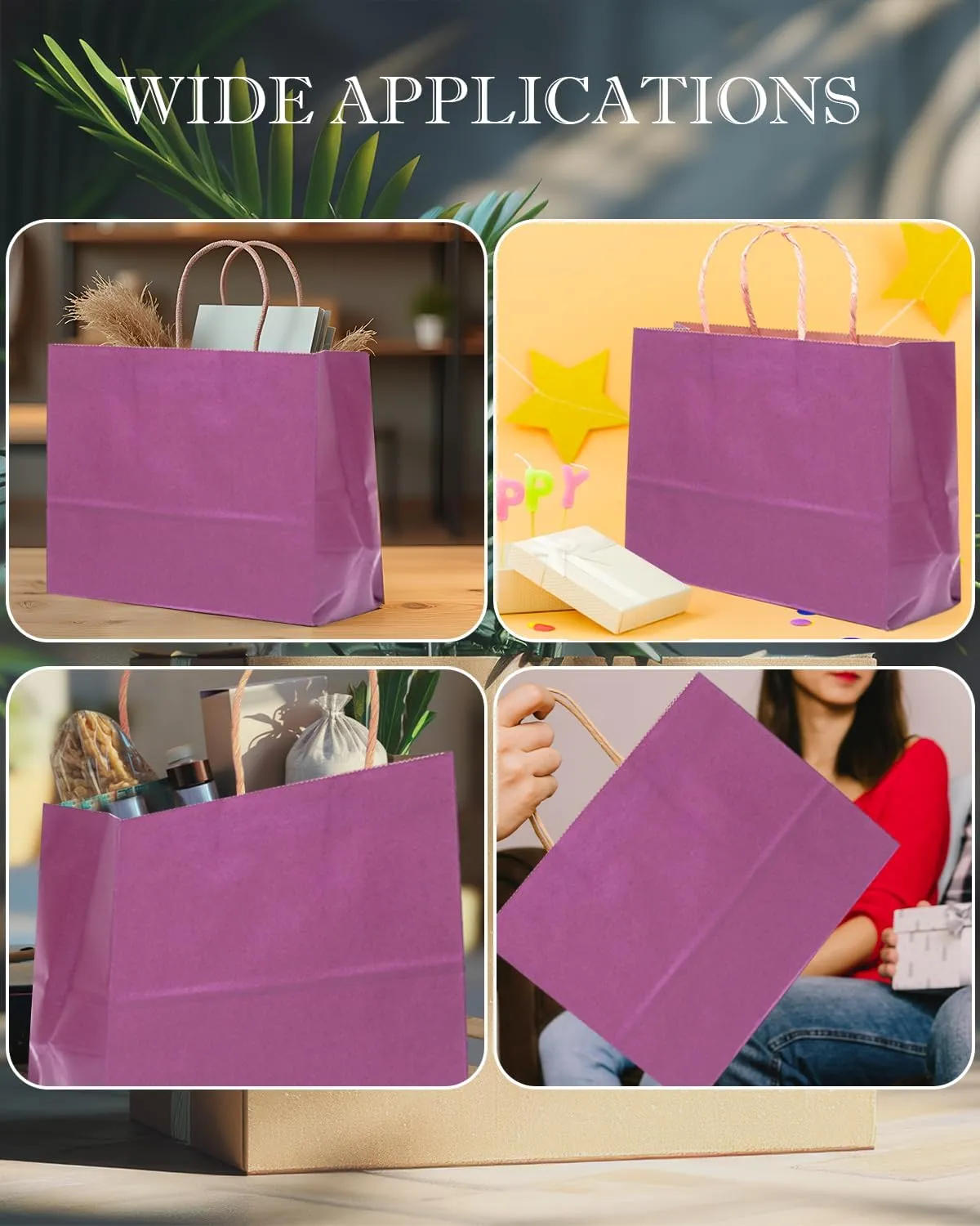 qiqee 13"x4.5"x10" Large Gift Bag with Handles Bulk 32PCS Gift Paper Bags Purple Bags Multiple Uses (Wide Large)