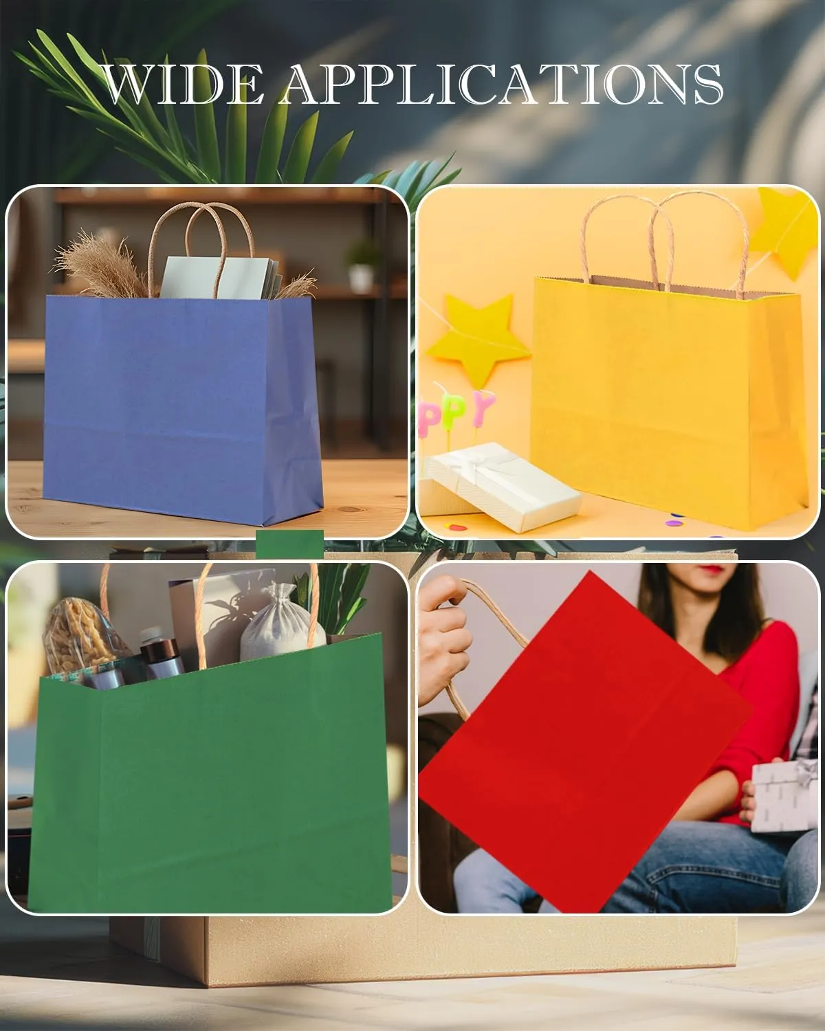 qiqee 13"x4.5"x10" Large Gift Bag with Handles Bulk 60PCS Gift Paper Bags 16 Different Senior Color Bags Multiple Uses (Wide Large)