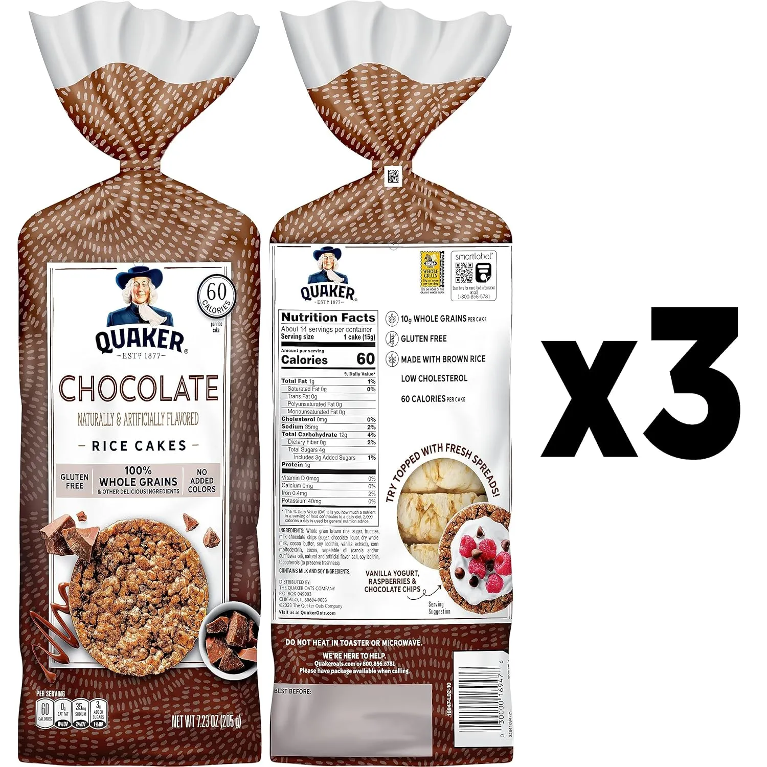 Quaker Large Rice Cakes, Chocolate, 7.23 oz Bags, (3 Pack), Gluten Free, Whole Grain, No Added Colors