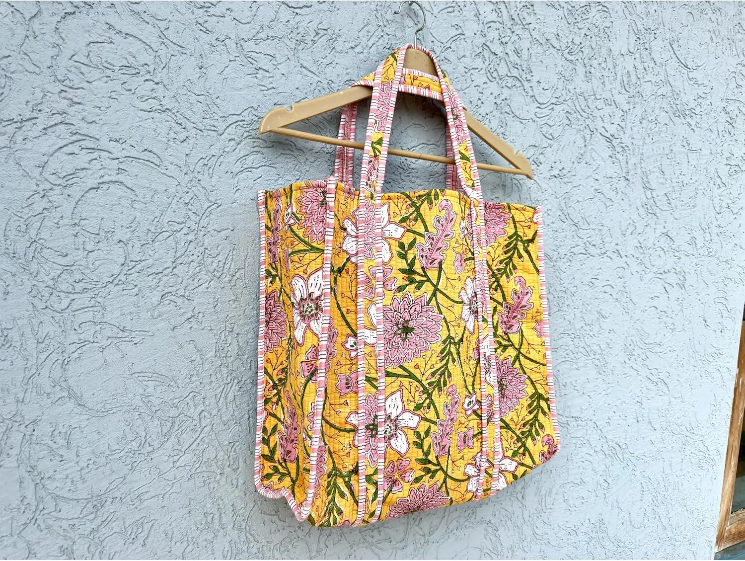 Quilted Cotton Handprinted Reversible multicolor Floral Tote Bag Quilted Hand Block Floral Printed Women's Carry Bag Tote Bag