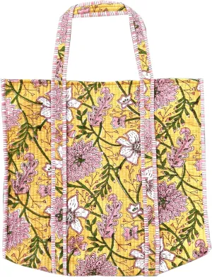 Quilted Cotton Handprinted Reversible multicolor Floral Tote Bag Quilted Hand Block Floral Printed Women's Carry Bag Tote Bag