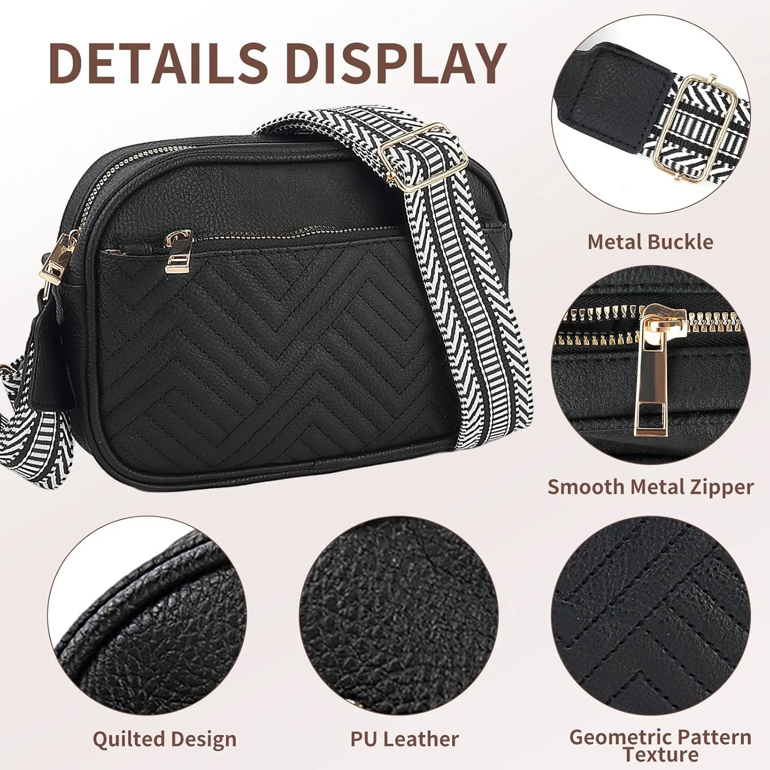 Quilted Crossbody Sling Bags For Women Vegan Leather Small Purse Trendy Shoulder Handbags With Wide Straps