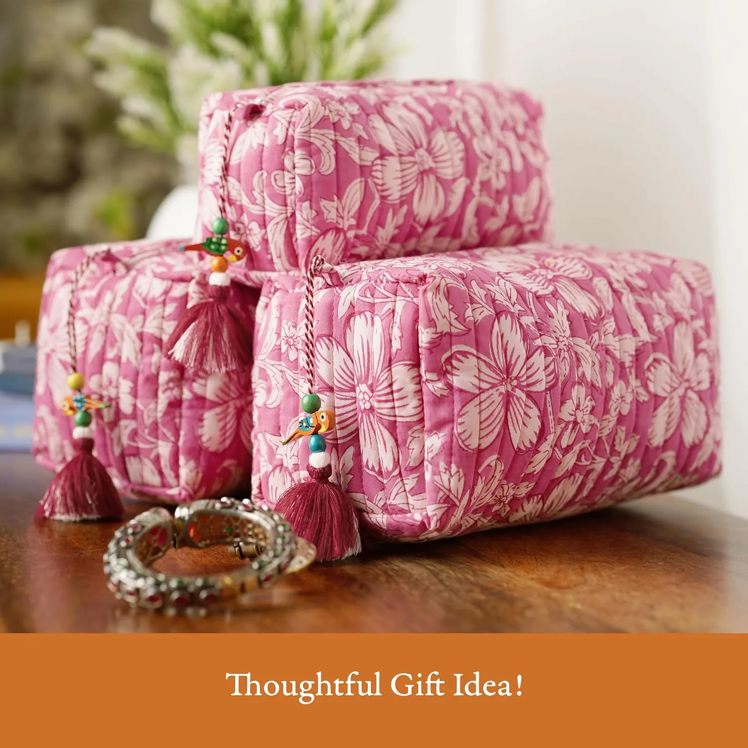 Quilted Floral Makeup Bag Set – Mauve Mist Oleander Pattern 3 Sizes, Waterproof Lining, Make Up Travel Cosmetic & Toiletry Bags For Traveling Women