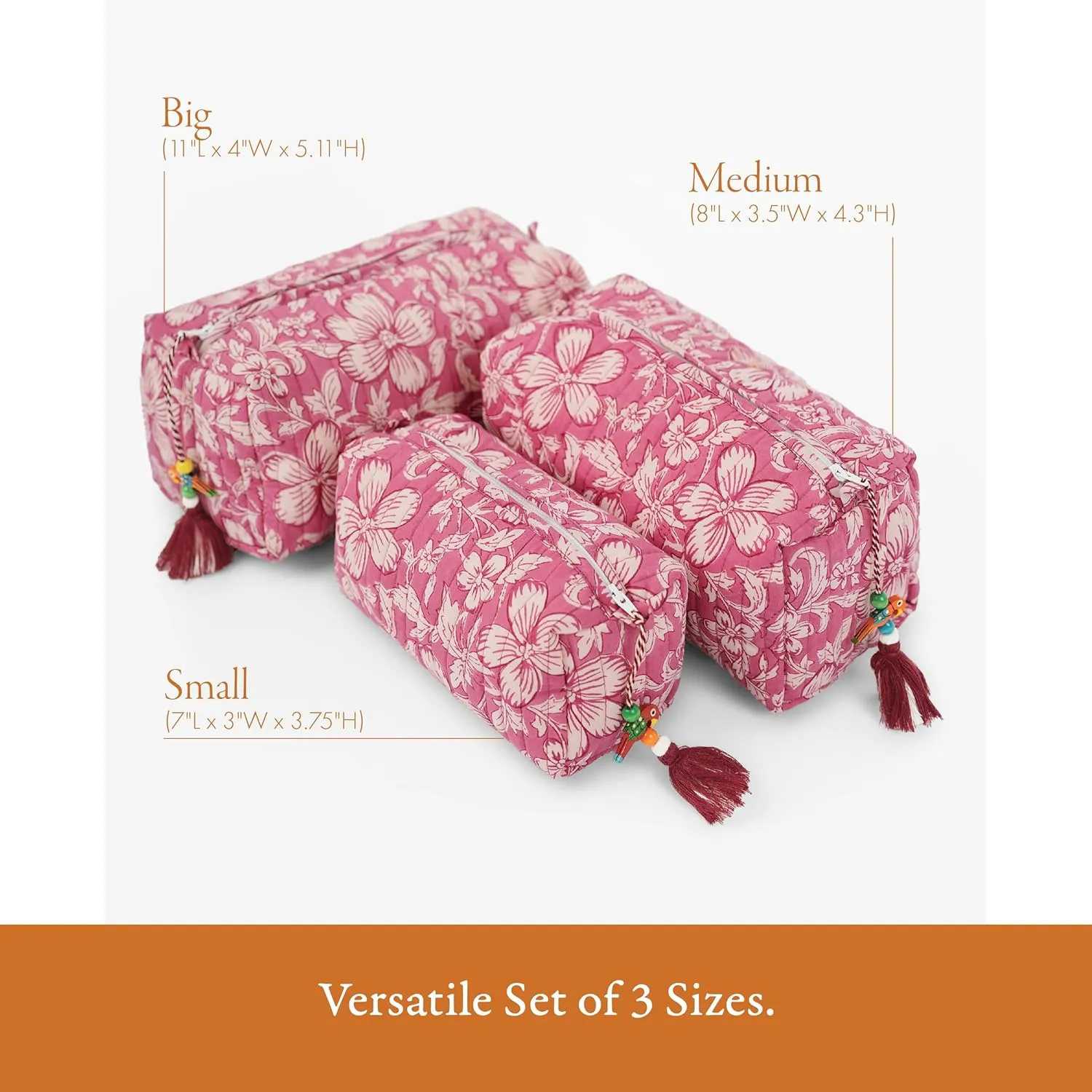 Quilted Floral Makeup Bag Set – Mauve Mist Oleander Pattern 3 Sizes, Waterproof Lining, Make Up Travel Cosmetic & Toiletry Bags For Traveling Women