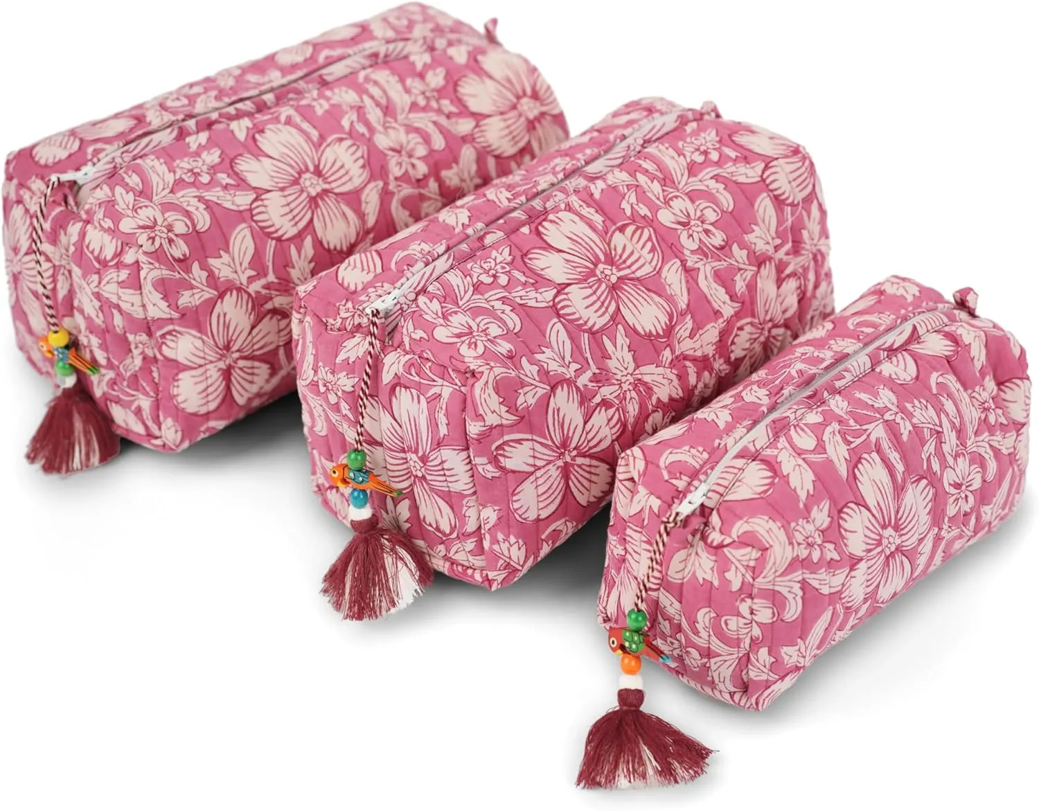 Quilted Floral Makeup Bag Set – Mauve Mist Oleander Pattern 3 Sizes, Waterproof Lining, Make Up Travel Cosmetic & Toiletry Bags For Traveling Women