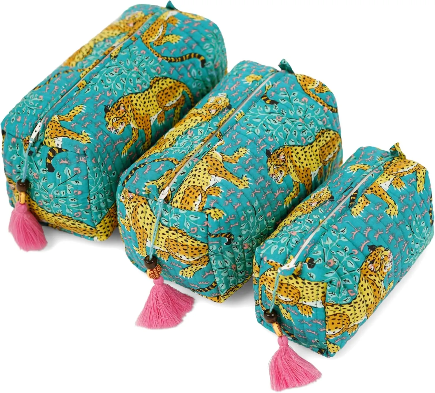 Quilted Floral Makeup Bag Set –Turquoise Cheetah Trails Pattern 3 Sizes, Waterproof Lining, Make Up Travel Cosmetic & Toiletry Bags For Traveling Women