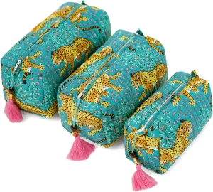 Quilted Floral Makeup Bag Set –Turquoise Cheetah Trails Pattern 3 Sizes, Waterproof Lining, Make Up Travel Cosmetic & Toiletry Bags For Traveling Women