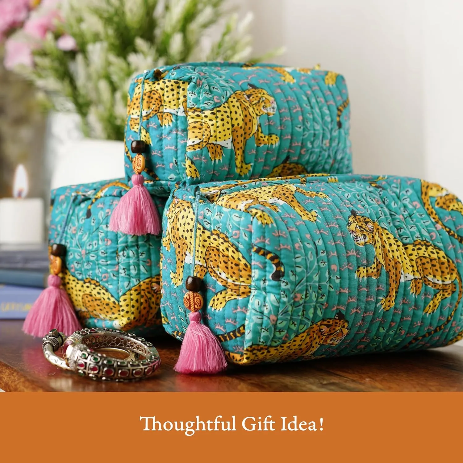 Quilted Floral Makeup Bag Set –Turquoise Cheetah Trails Pattern 3 Sizes, Waterproof Lining, Make Up Travel Cosmetic & Toiletry Bags For Traveling Women