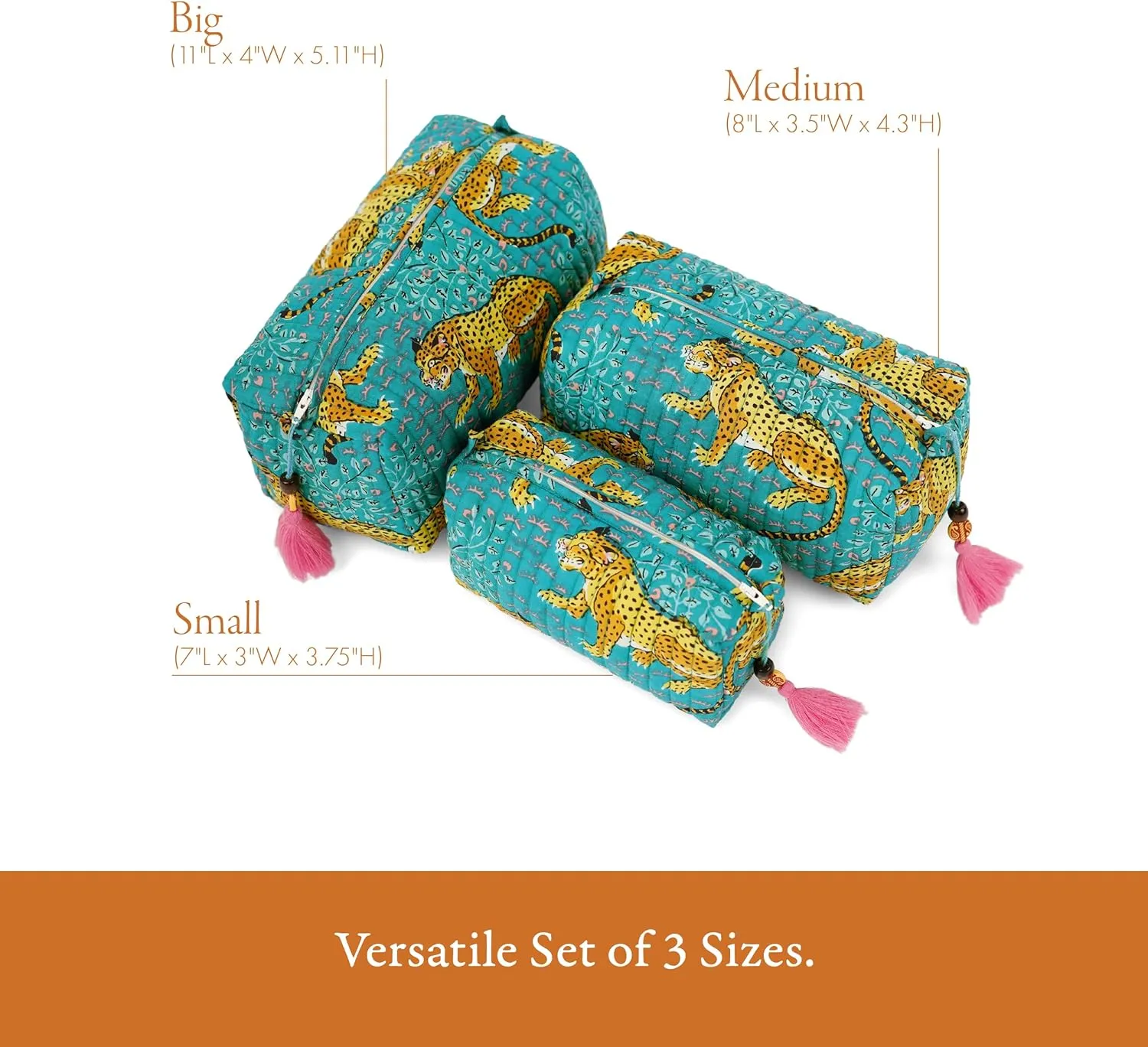 Quilted Floral Makeup Bag Set –Turquoise Cheetah Trails Pattern 3 Sizes, Waterproof Lining, Make Up Travel Cosmetic & Toiletry Bags For Traveling Women