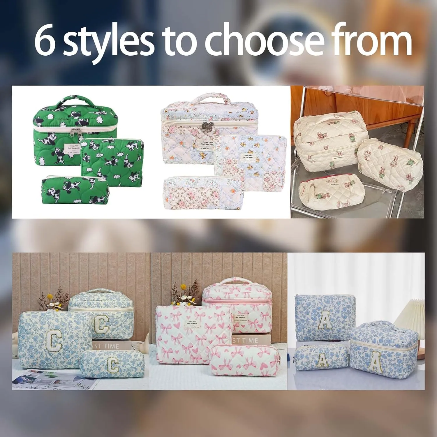 Quilted Makeup Bag Set - 3 PCS Cute Floral Cotton Makeup Bag Birthday Gifts for Teen Girls Women, Floral Make up Bag Travel Toiletry Bag,Day Gift for Mom Daughter Friend(Purple）