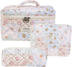 Quilted Makeup Bag Set - 3 PCS Cute Floral Cotton Makeup Bag Birthday Gifts for Teen Girls Women, Floral Make up Bag Travel Toiletry Bag,Day Gift for Mom Daughter Friend(Purple）