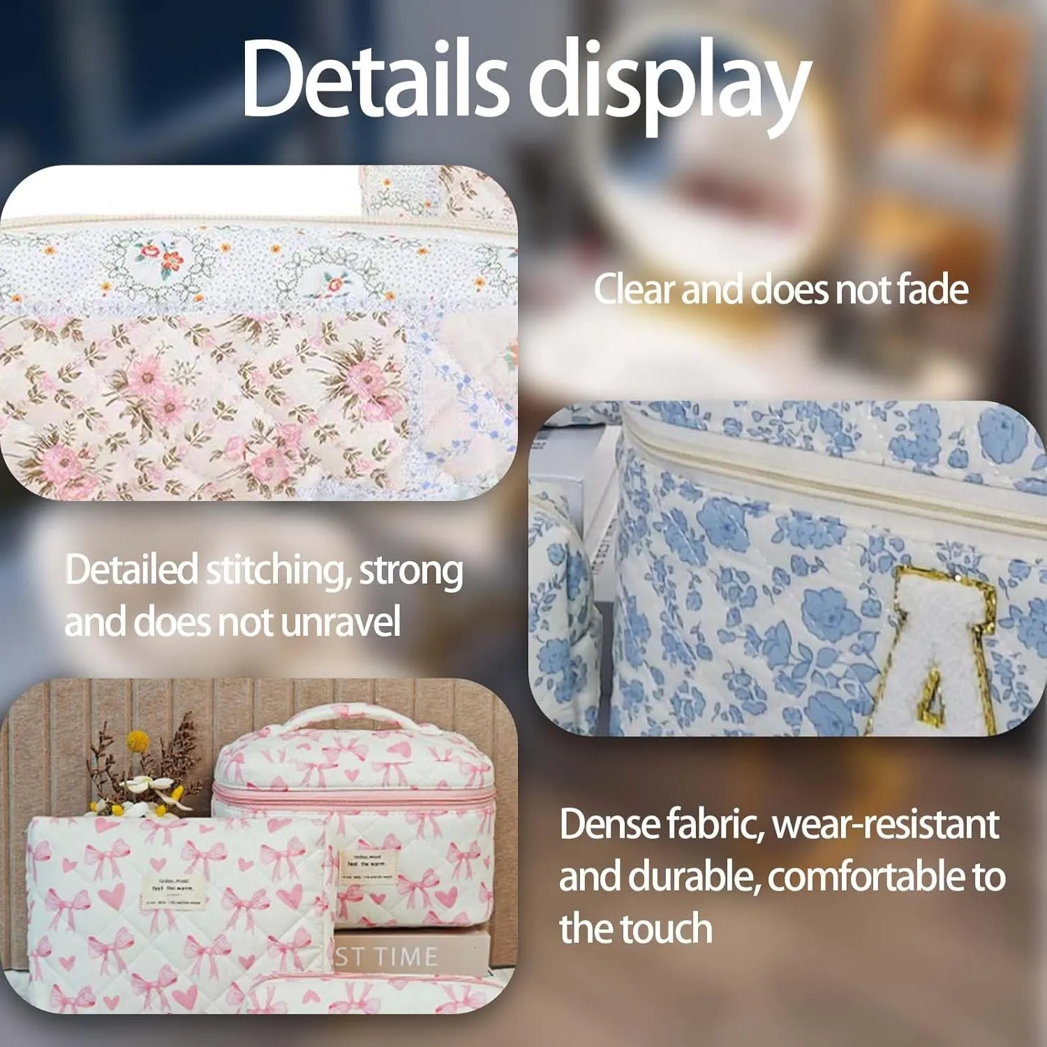Quilted Makeup Bag Set - 3 PCS Cute Floral Cotton Makeup Bag Birthday Gifts for Teen Girls Women, Floral Make up Bag Travel Toiletry Bag,Day Gift for Mom Daughter Friend(Purple）