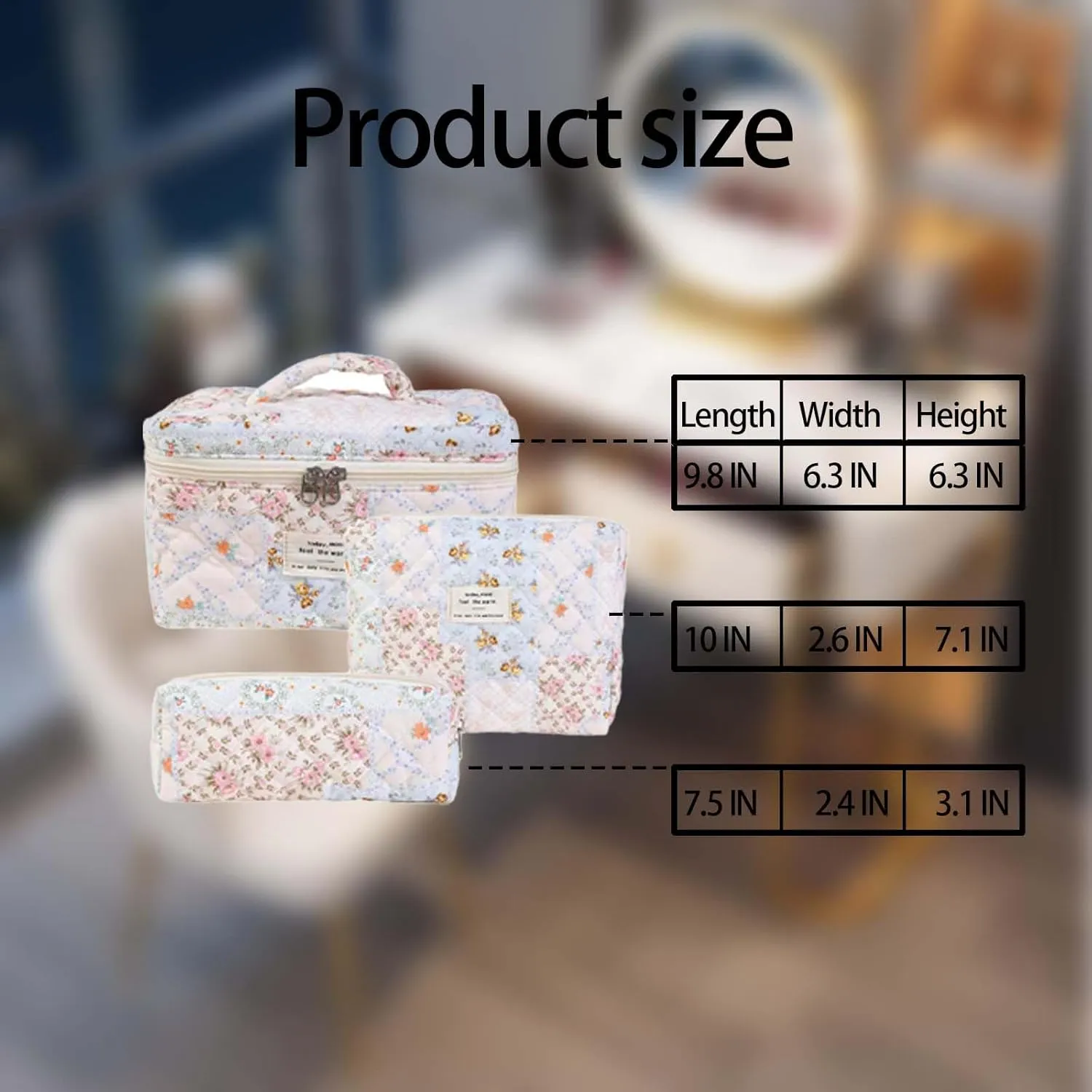 Quilted Makeup Bag Set - 3 PCS Cute Floral Cotton Makeup Bag Birthday Gifts for Teen Girls Women, Floral Make up Bag Travel Toiletry Bag,Day Gift for Mom Daughter Friend(Purple）