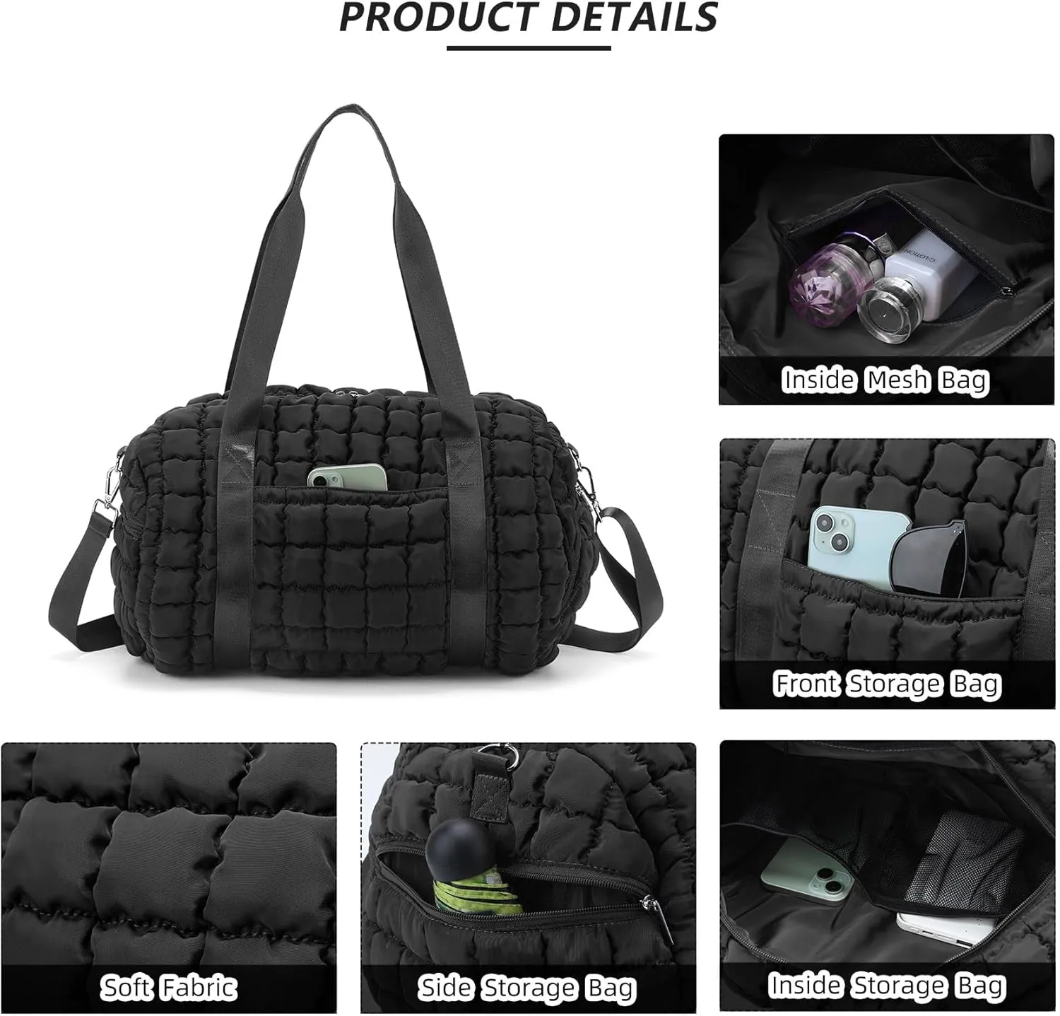 Quilted Puffer Duffel Bag for Women, Large Sports Travel Puffer Weekender Bag with Shoe Compartment, Soft Puffy Carry on Gym Bag for Airplane,Black