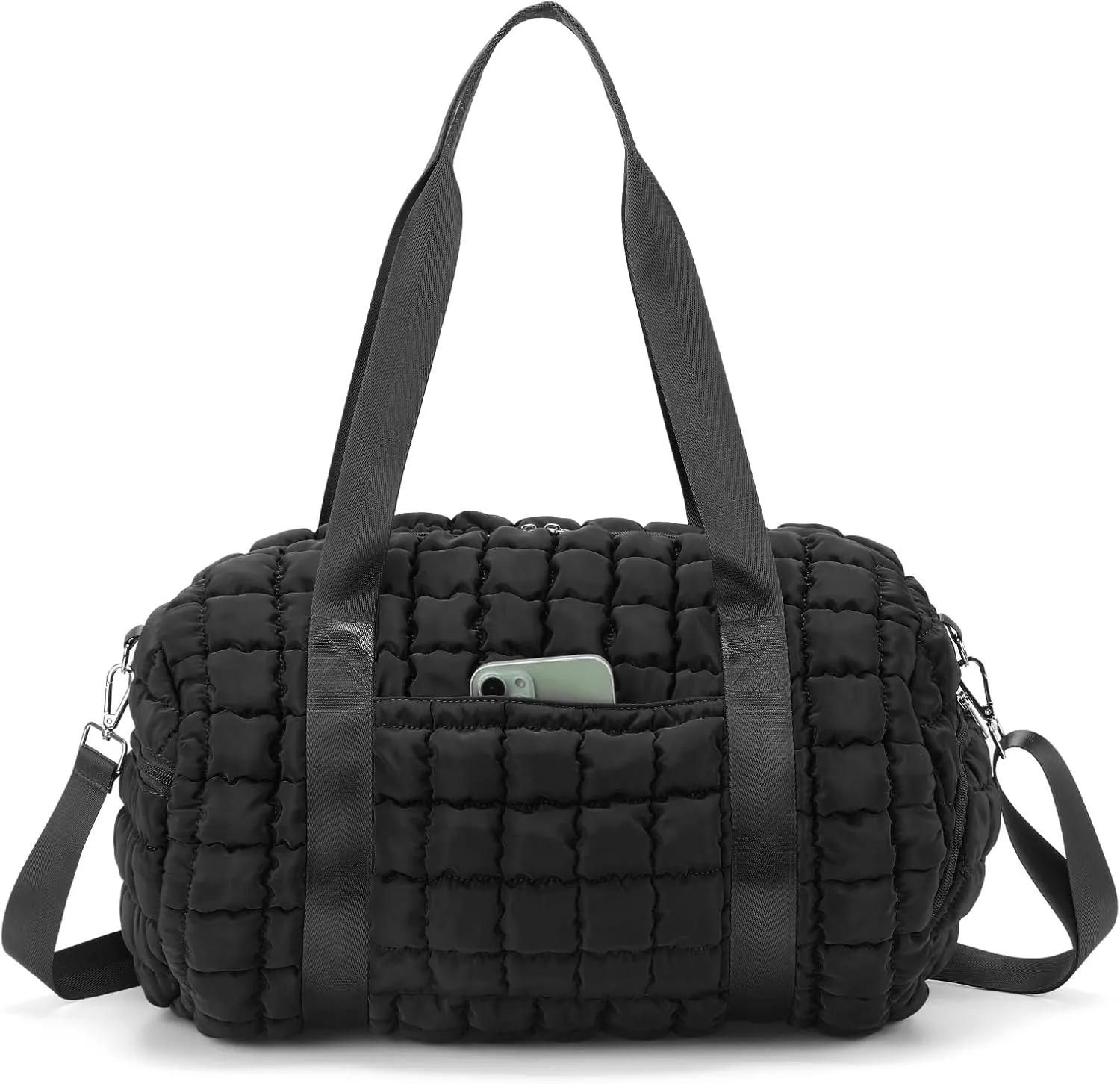 Quilted Puffer Duffel Bag for Women, Large Sports Travel Puffer Weekender Bag with Shoe Compartment, Soft Puffy Carry on Gym Bag for Airplane,Black