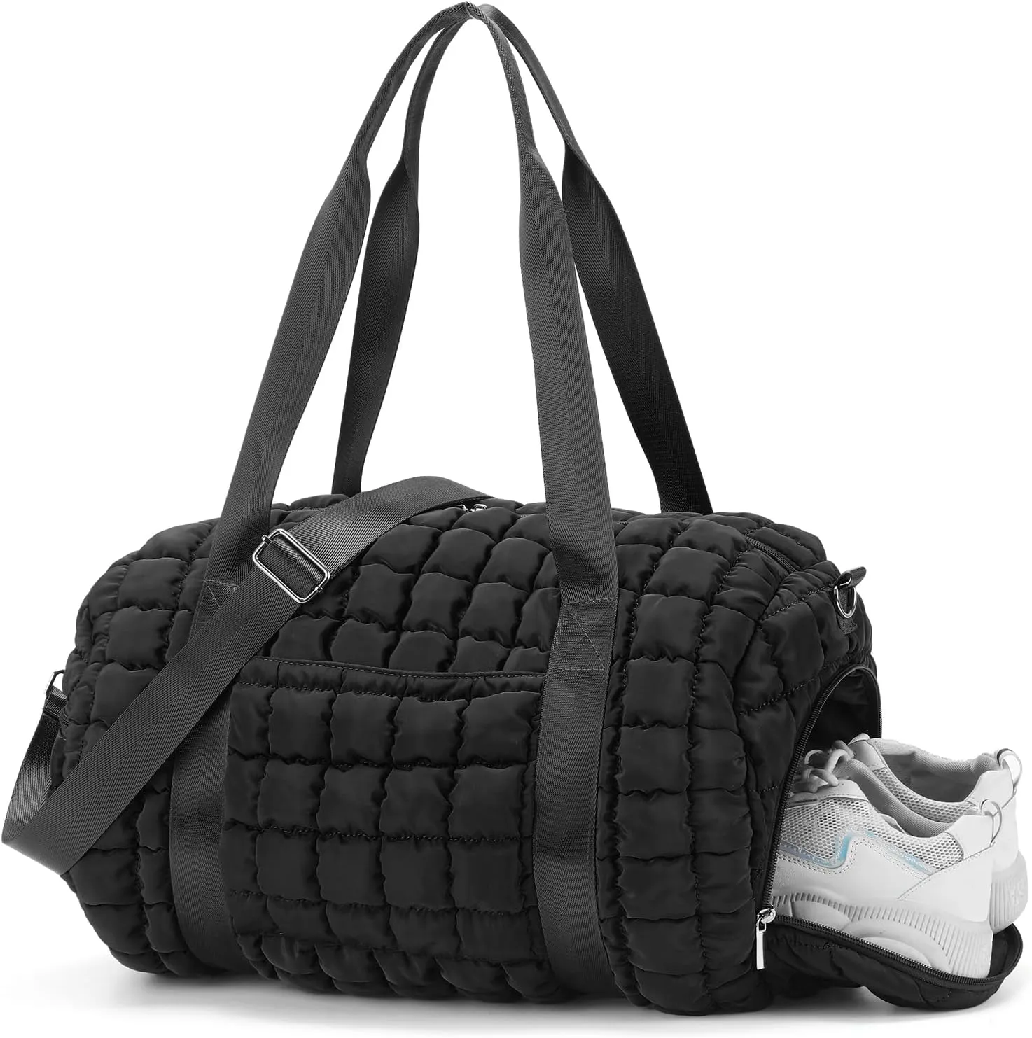 Quilted Puffer Duffel Bag for Women, Large Sports Travel Puffer Weekender Bag with Shoe Compartment, Soft Puffy Carry on Gym Bag for Airplane,Black