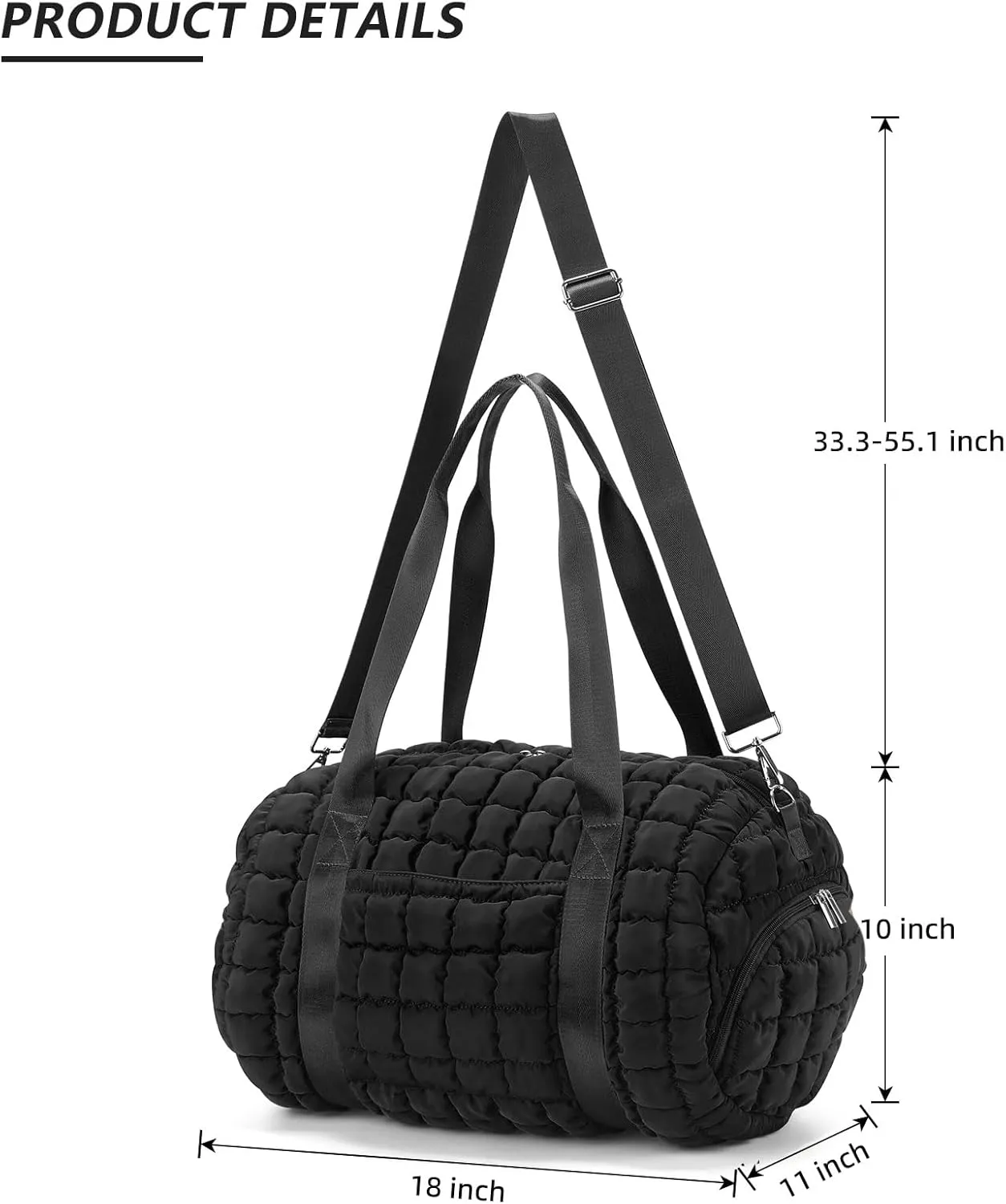 Quilted Puffer Duffel Bag for Women, Large Sports Travel Puffer Weekender Bag with Shoe Compartment, Soft Puffy Carry on Gym Bag for Airplane,Black