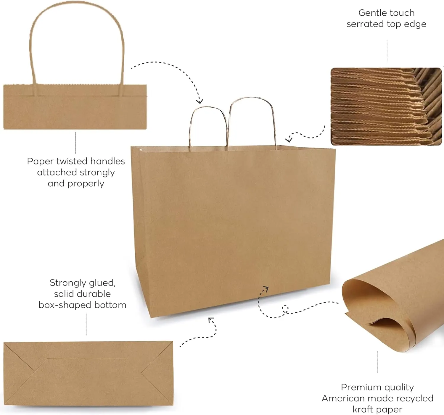 Qutuus 16x6x12 Inches 50 Pack Brown Kraft Paper Bags with Handles for Grocery, Birthdays, Retail, Small Business