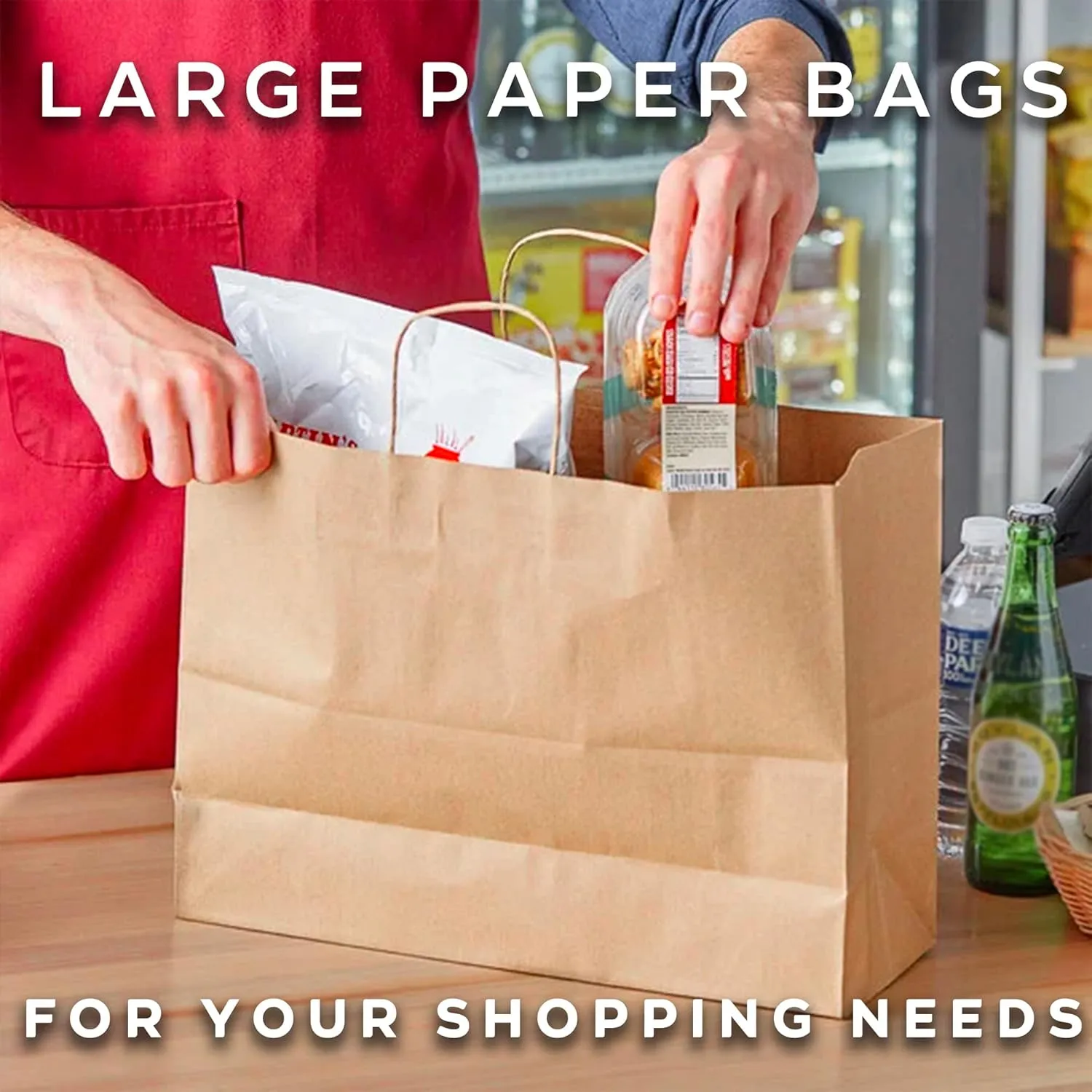 Qutuus 16x6x12 Inches 50 Pack Brown Kraft Paper Bags with Handles for Grocery, Birthdays, Retail, Small Business