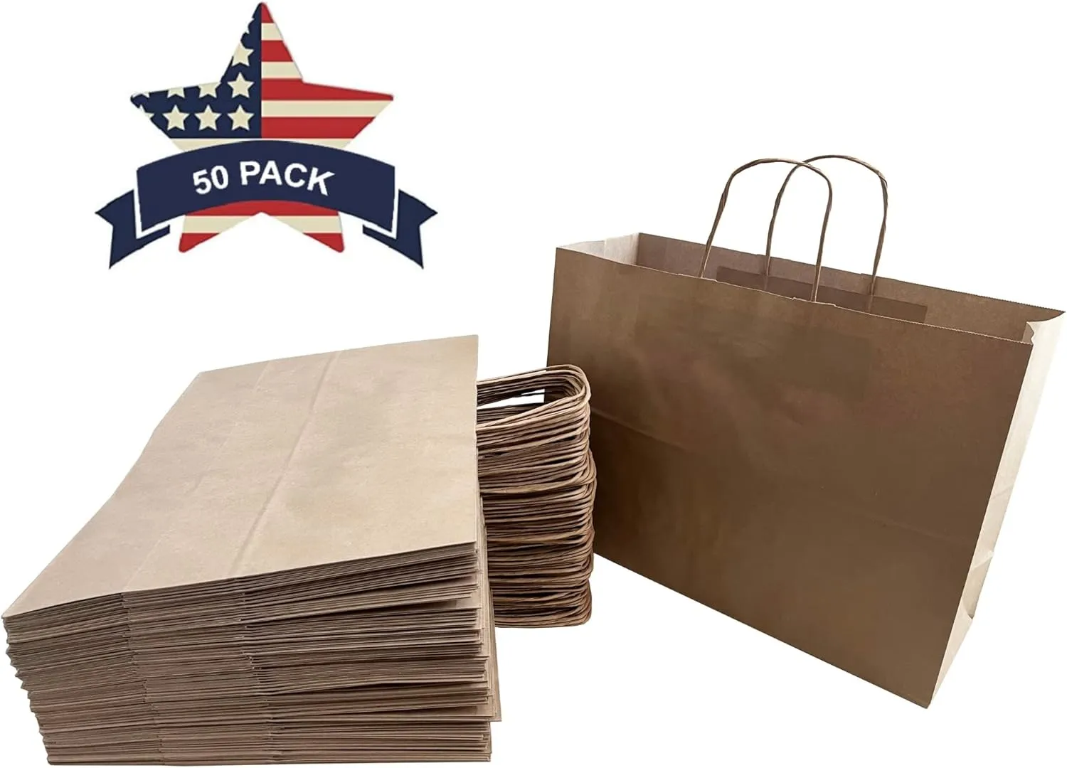Qutuus 16x6x12 Inches 50 Pack Brown Kraft Paper Bags with Handles for Grocery, Birthdays, Retail, Small Business