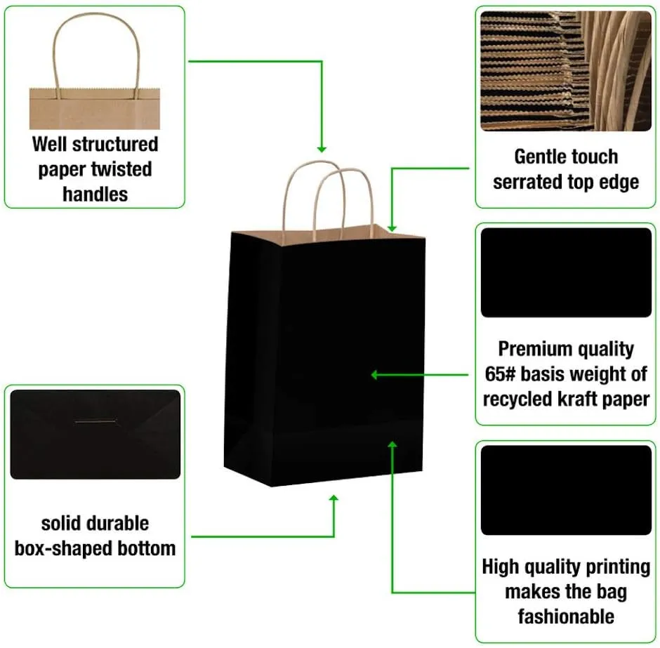 Qutuus Black Paper Bags with Handles Bulk - 100 Pcs 8x4.5x10 inches Kraft Bags for Shopping, Gifts, Retail, Small Business and Party.