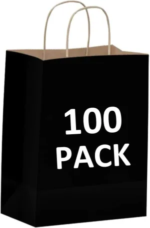 Qutuus Black Paper Bags with Handles Bulk - 100 Pcs 8x4.5x10 inches Kraft Bags for Shopping, Gifts, Retail, Small Business and Party.