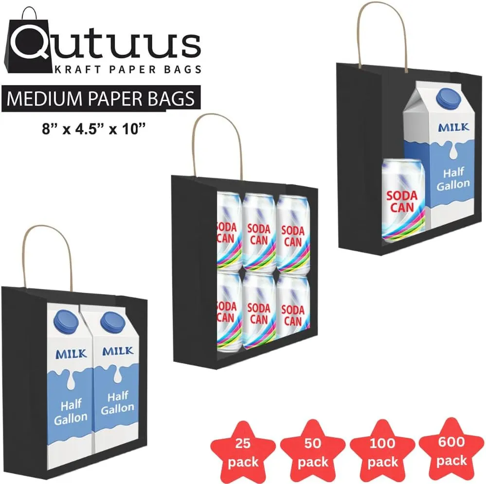 Qutuus Black Paper Bags with Handles Bulk - 100 Pcs 8x4.5x10 inches Kraft Bags for Shopping, Gifts, Retail, Small Business and Party.