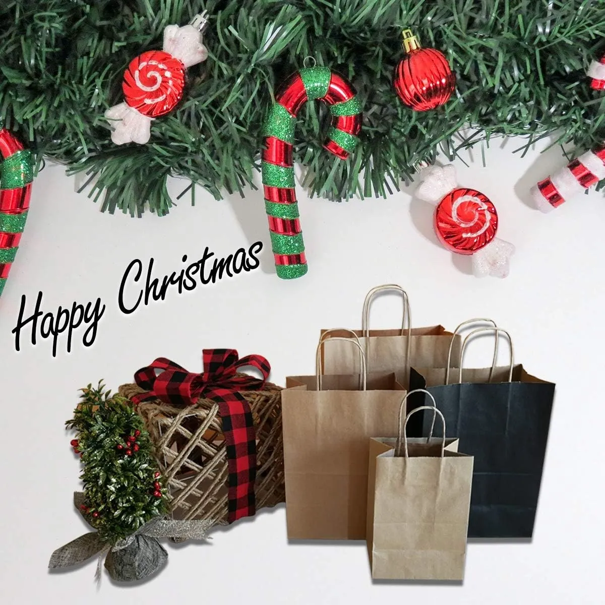 Qutuus Black Paper Bags with Handles Bulk - 100 Pcs 8x4.5x10 inches Kraft Bags for Shopping, Gifts, Retail, Small Business and Party.