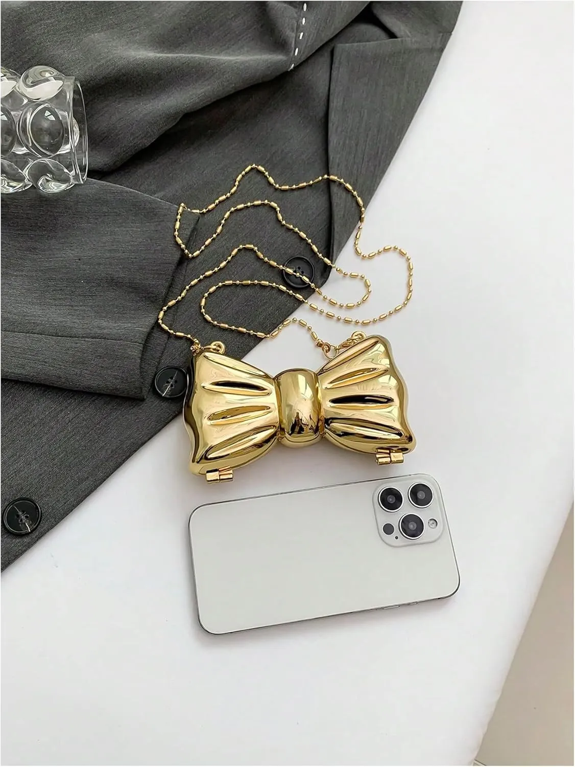 QWINEE Women's Bow Shaped Mini Clutch Purses Cocktail Evening Bag Chain Strap Solid Mini Crossbody Bag for Party